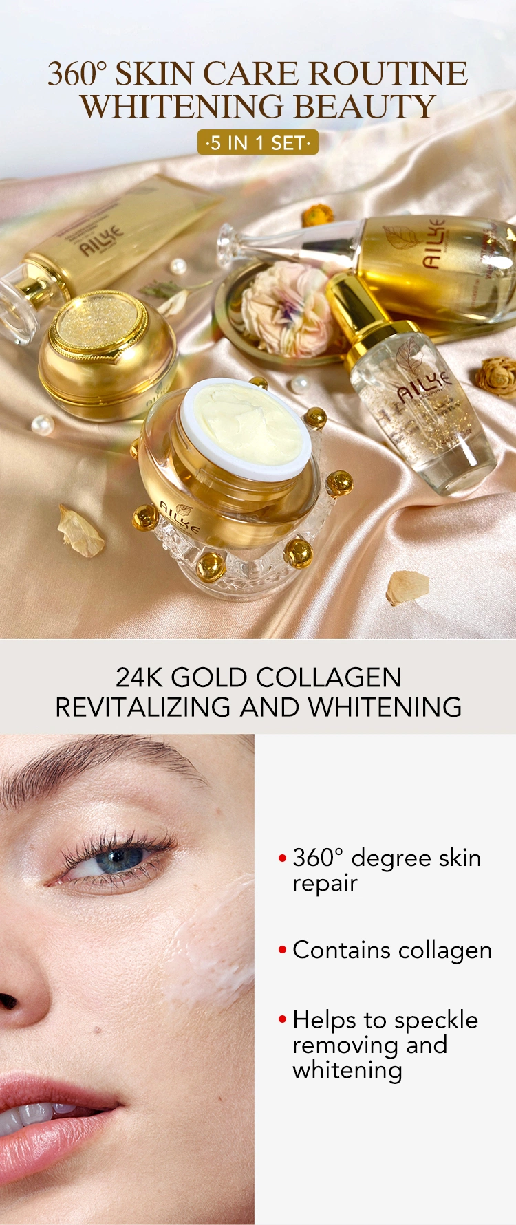 Ailke Whitening 24K Collagen Cream Beauty Facial Cleanser Toner and Serum 5 Sets Cosmetics Skin Care Products